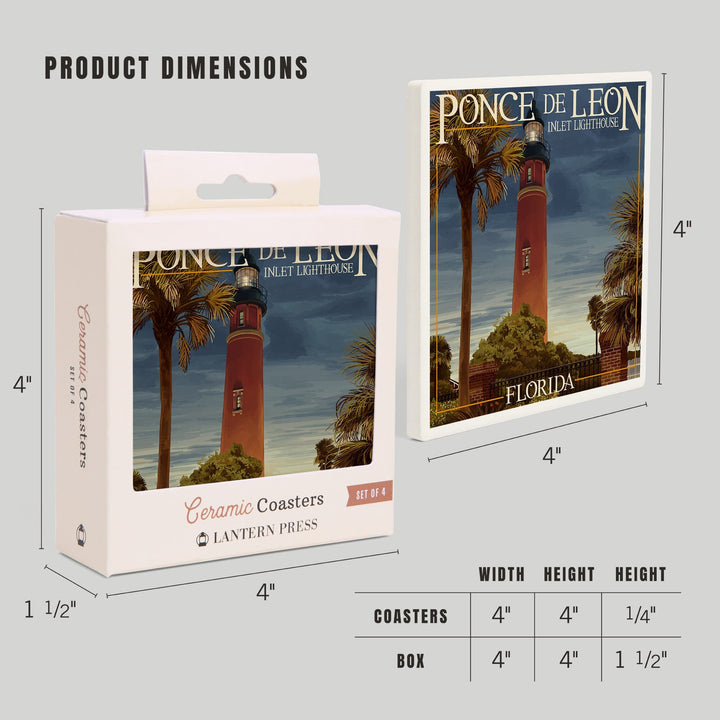 Ponce De Leon Inlet Lighthouse, Florida, Dusk Scene, Lantern Press Artwork, Coaster Set Coasters Lantern Press 