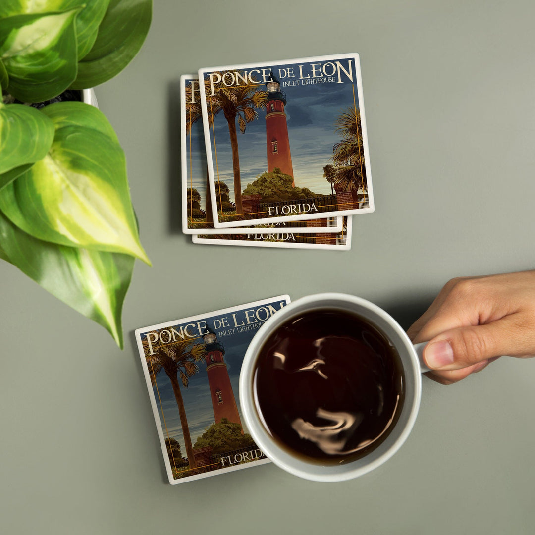 Ponce De Leon Inlet Lighthouse, Florida, Dusk Scene, Lantern Press Artwork, Coaster Set Coasters Lantern Press 