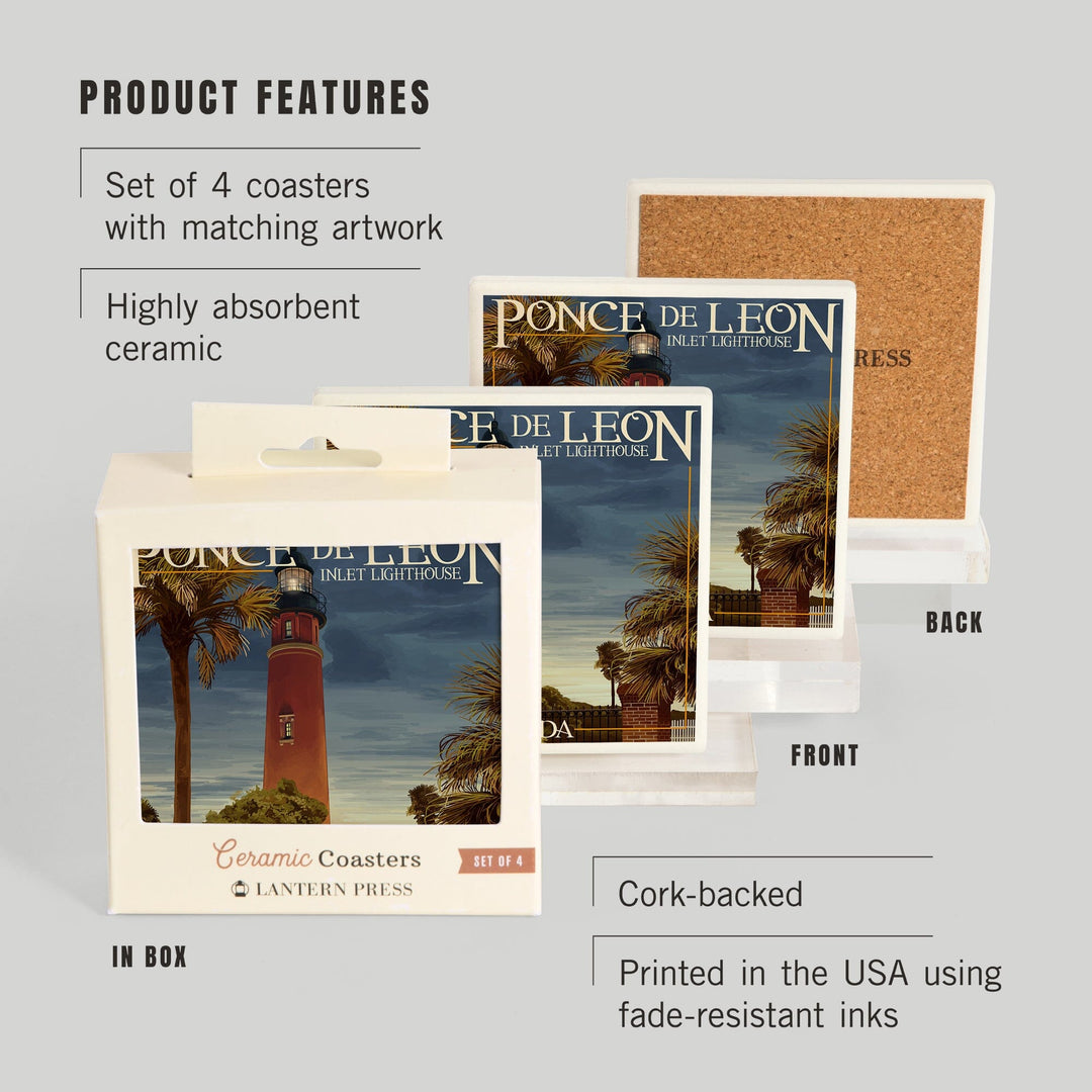 Ponce De Leon Inlet Lighthouse, Florida, Dusk Scene, Lantern Press Artwork, Coaster Set Coasters Lantern Press 