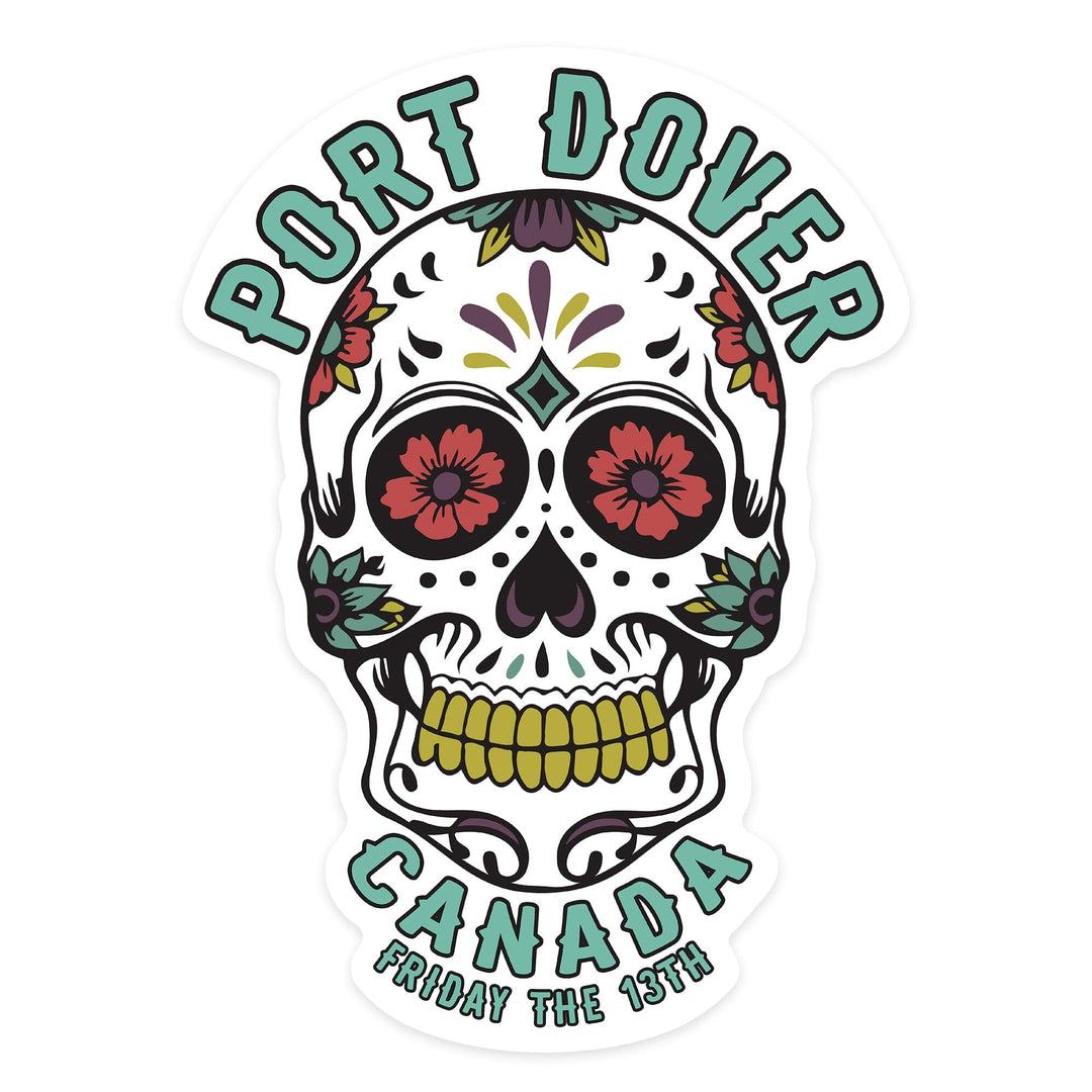 Port Dover, Ontario, Canada, Day of the Dead, Sugar Skull and Flower Pattern (White), Vinyl Sticker Sticker Lantern Press 