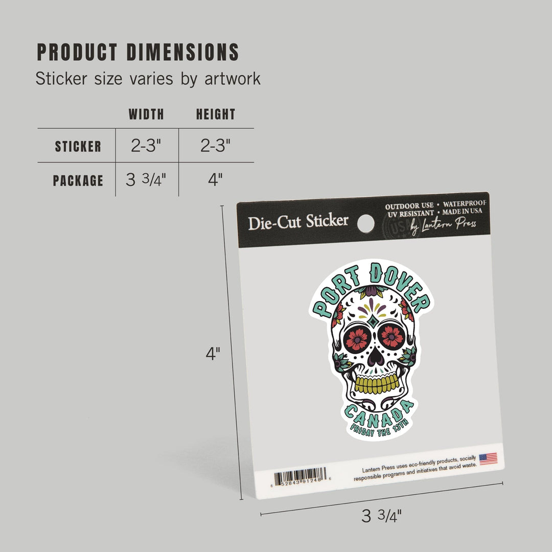 Port Dover, Ontario, Canada, Day of the Dead, Sugar Skull and Flower Pattern (White), Vinyl Sticker Sticker Lantern Press 