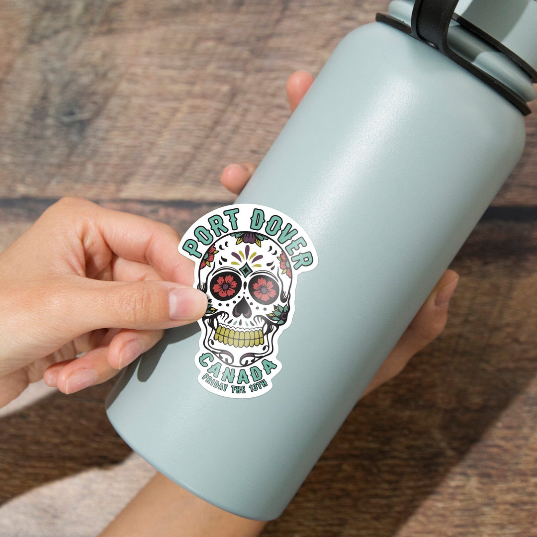 Port Dover, Ontario, Canada, Day of the Dead, Sugar Skull and Flower Pattern (White), Vinyl Sticker Sticker Lantern Press 