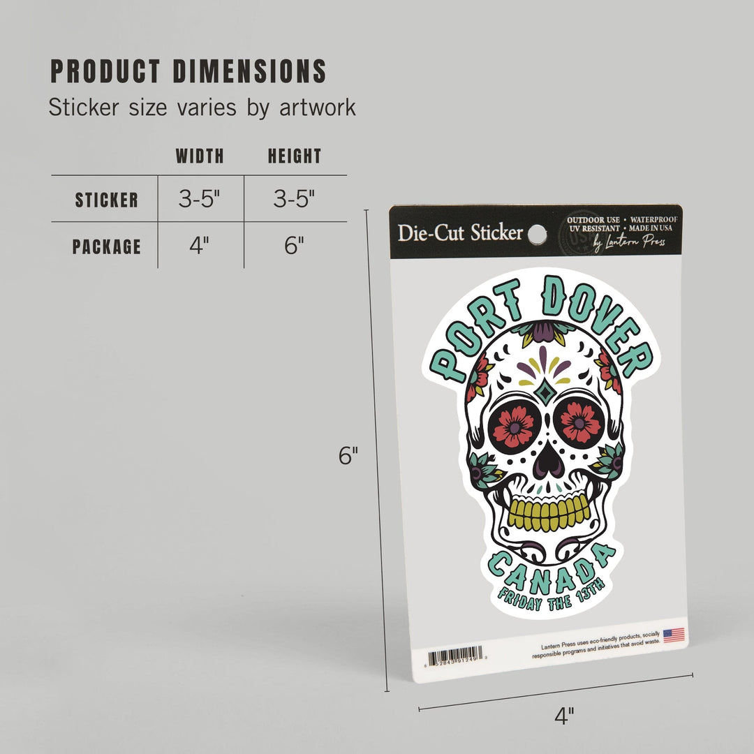 Port Dover, Ontario, Canada, Day of the Dead, Sugar Skull and Flower Pattern (White), Vinyl Sticker Sticker Lantern Press 