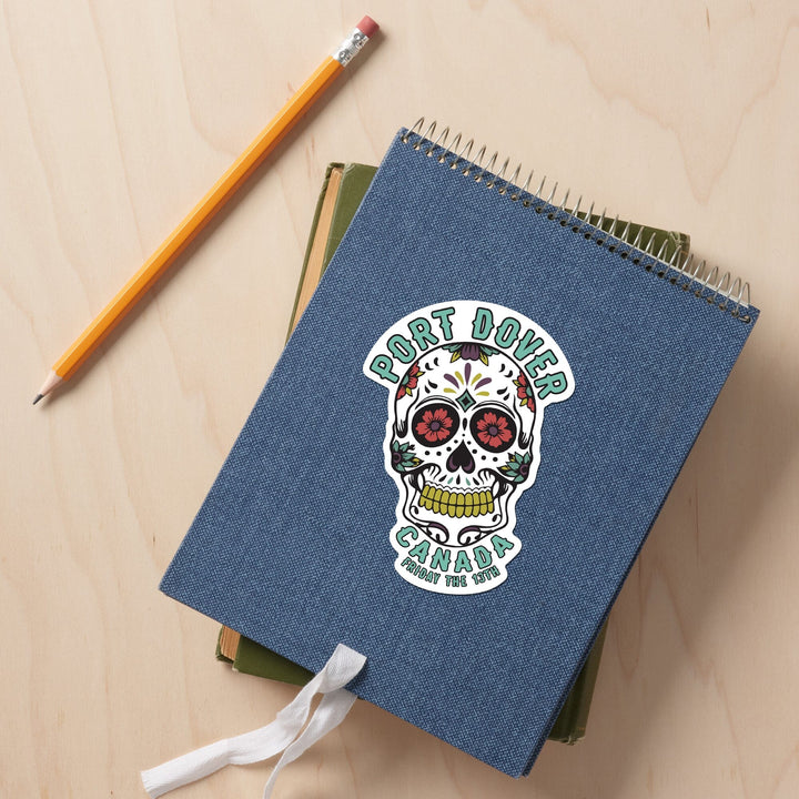 Port Dover, Ontario, Canada, Day of the Dead, Sugar Skull and Flower Pattern (White), Vinyl Sticker Sticker Lantern Press 