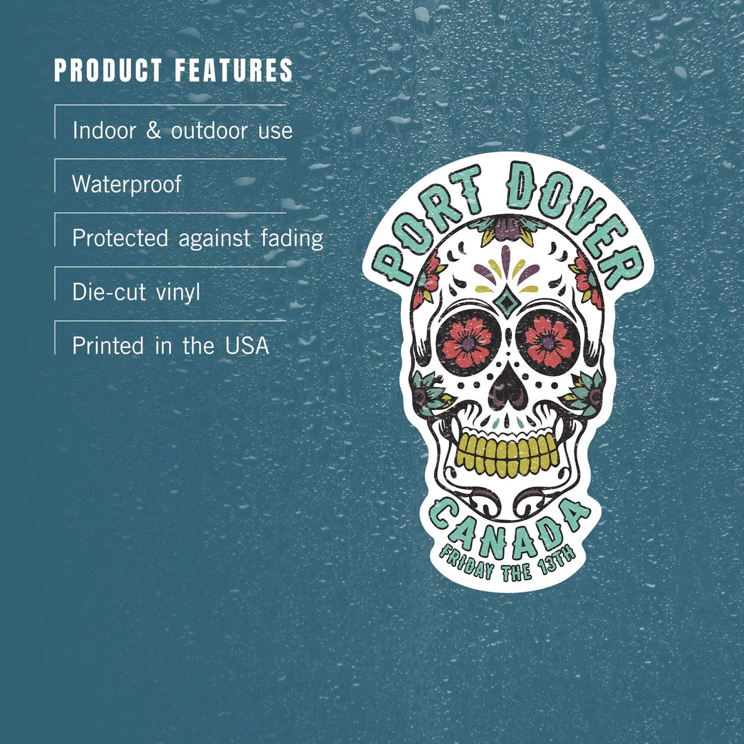 Port Dover, Ontario, Canada, Day of the Dead, Sugar Skull and Flower Pattern (White), Vinyl Sticker Sticker Lantern Press 