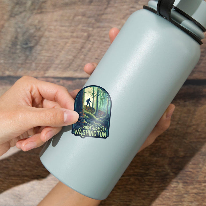 Port Gamble, Washington, Wanderer, Bigfoot in Forest, Contour, Vinyl Sticker Sticker Lantern Press 