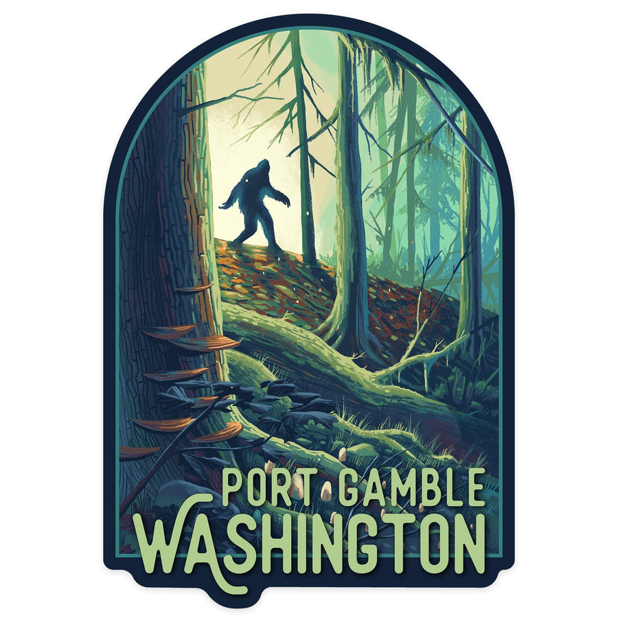 Port Gamble, Washington, Wanderer, Bigfoot in Forest, Contour, Vinyl Sticker Sticker Lantern Press 