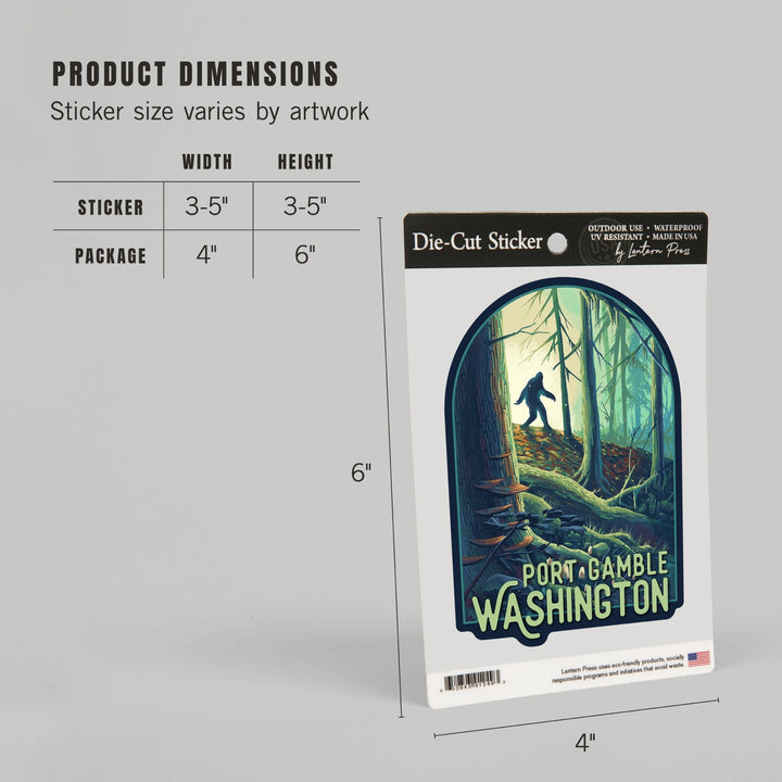 Port Gamble, Washington, Wanderer, Bigfoot in Forest, Contour, Vinyl Sticker Sticker Lantern Press 