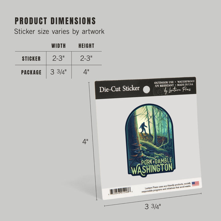 Port Gamble, Washington, Wanderer, Bigfoot in Forest, Contour, Vinyl Sticker Sticker Lantern Press 