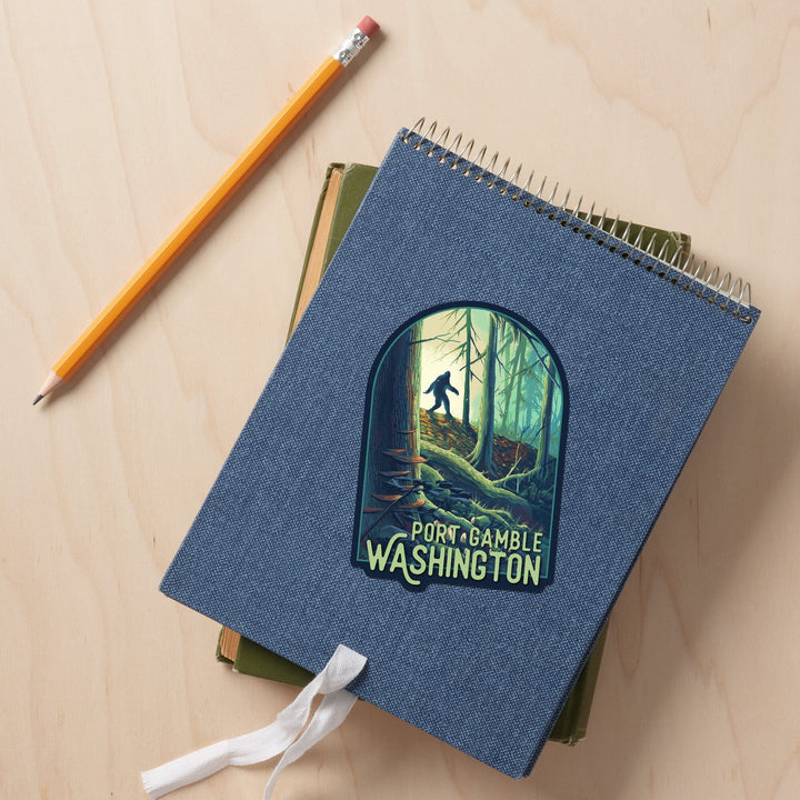 Port Gamble, Washington, Wanderer, Bigfoot in Forest, Contour, Vinyl Sticker Sticker Lantern Press 