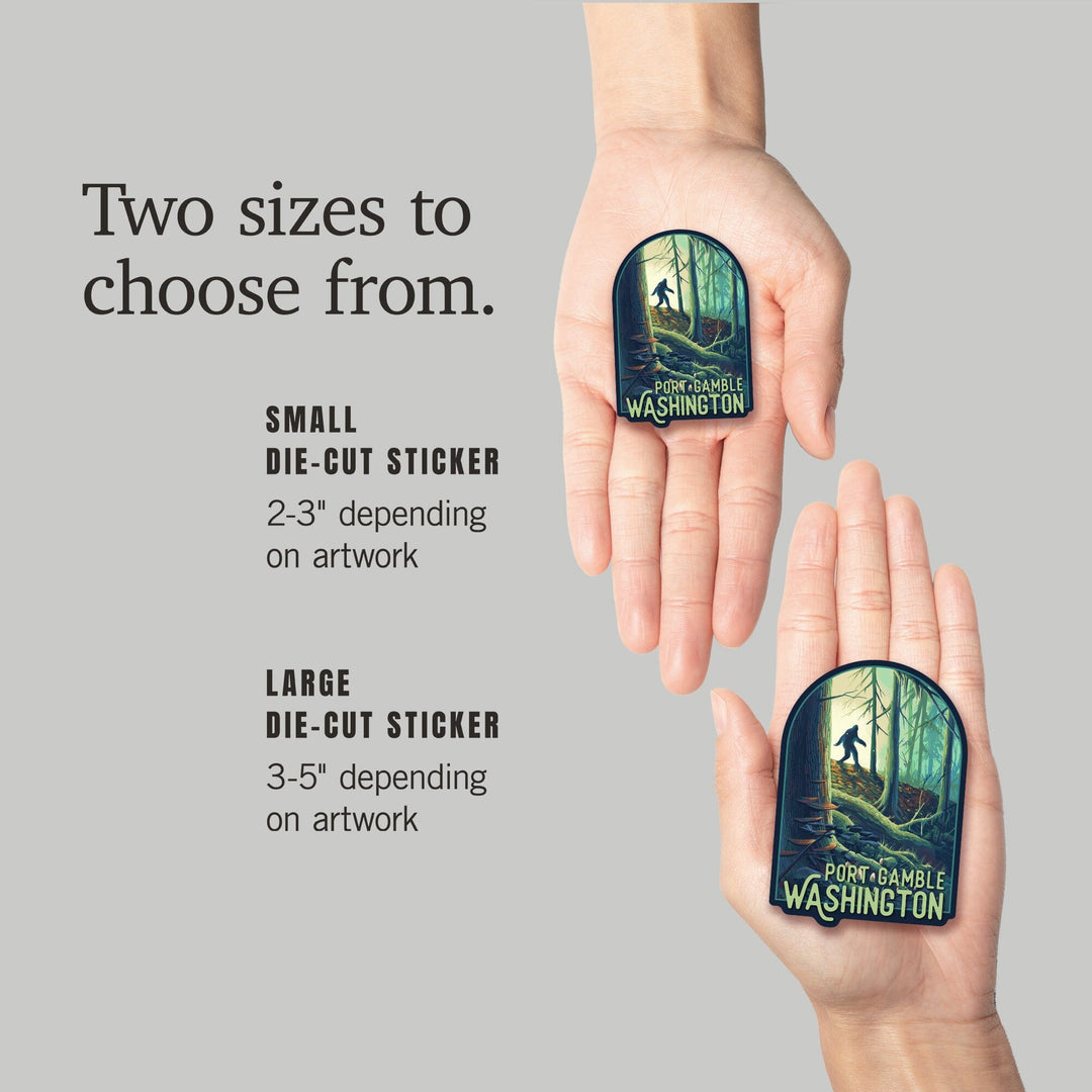 Port Gamble, Washington, Wanderer, Bigfoot in Forest, Contour, Vinyl Sticker Sticker Lantern Press 