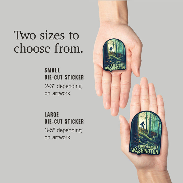 Port Gamble, Washington, Wanderer, Bigfoot in Forest, Contour, Vinyl Sticker Sticker Lantern Press 