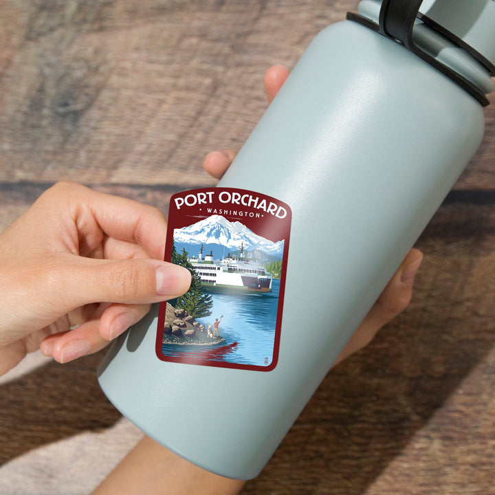 Port Orchard, Washington, Ferry Scene with Boy, Contour, Vinyl Sticker Sticker Lantern Press 
