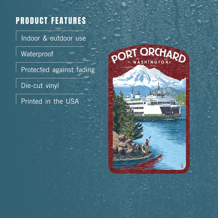Port Orchard, Washington, Ferry Scene with Boy, Contour, Vinyl Sticker Sticker Lantern Press 