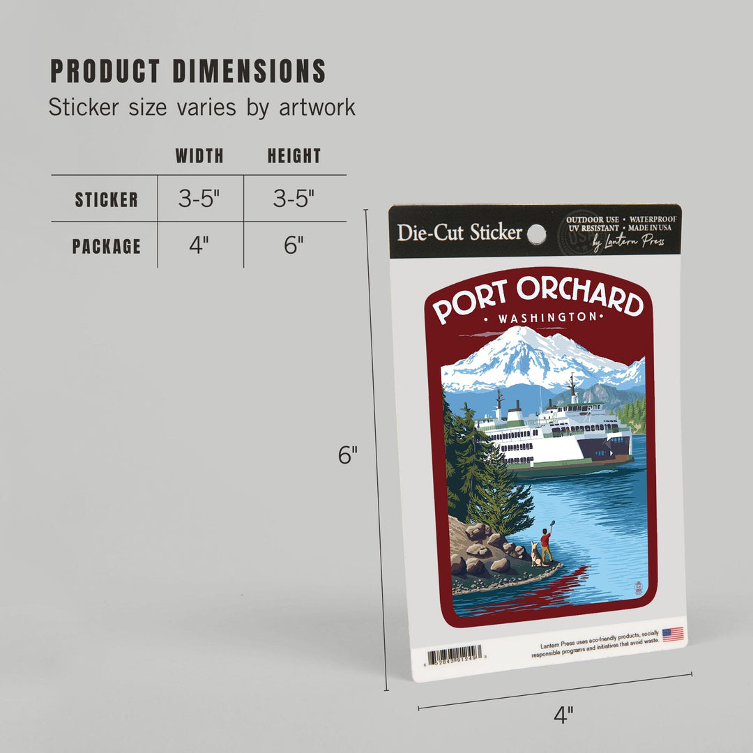 Port Orchard, Washington, Ferry Scene with Boy, Contour, Vinyl Sticker Sticker Lantern Press 