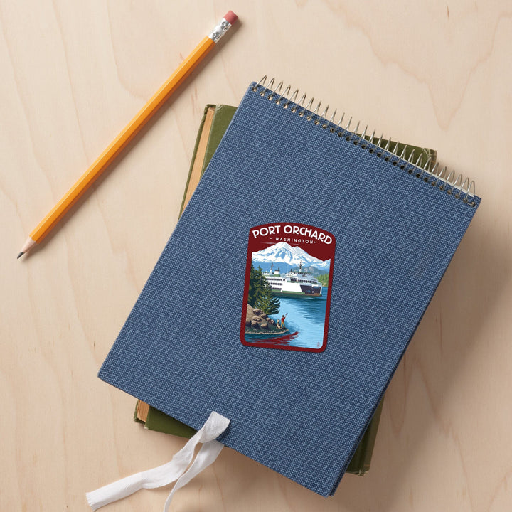 Port Orchard, Washington, Ferry Scene with Boy, Contour, Vinyl Sticker Sticker Lantern Press 