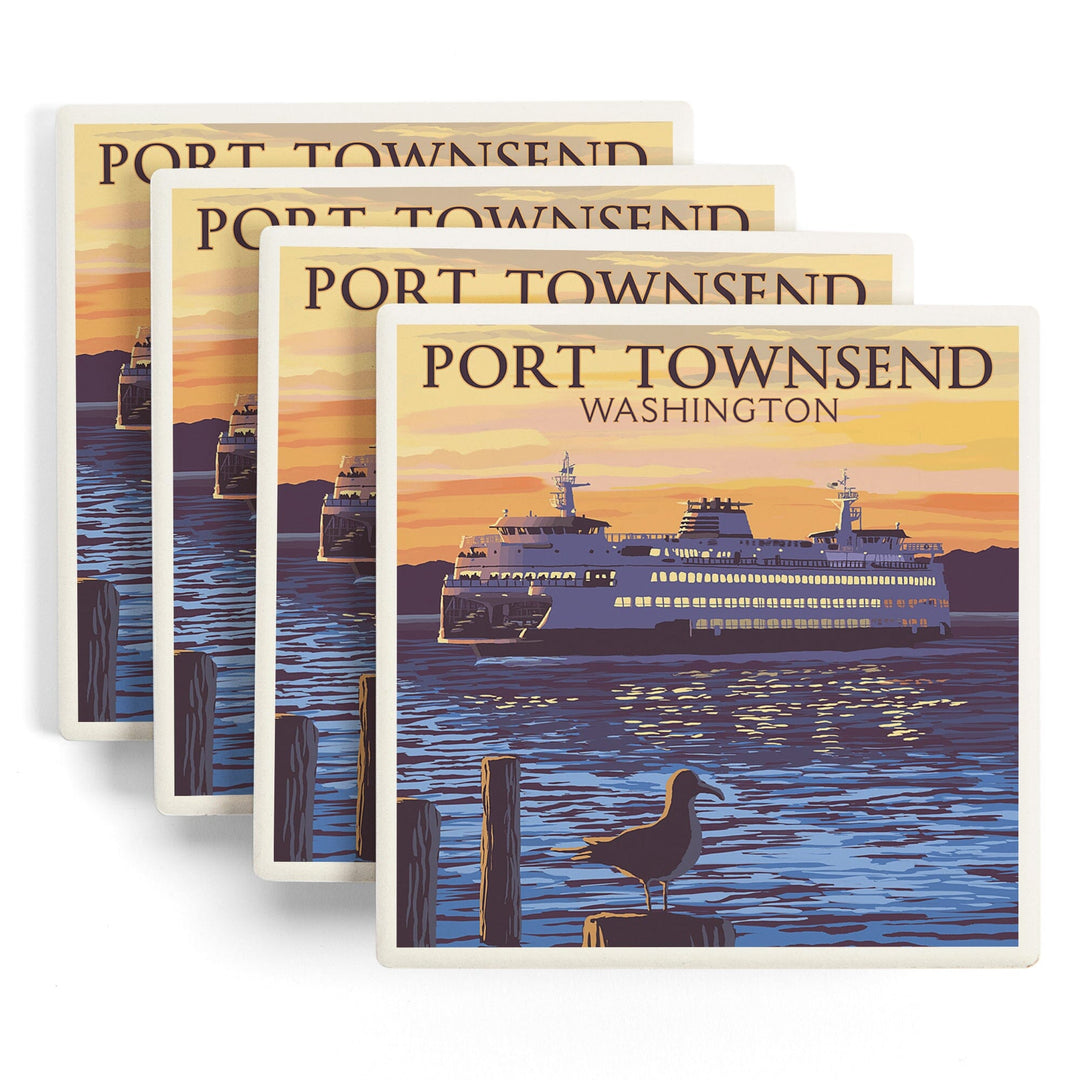 Port Townsend, Washington, Ferry Sunset & Gull, Lantern Press Artwork, Coaster Set Coasters Lantern Press 