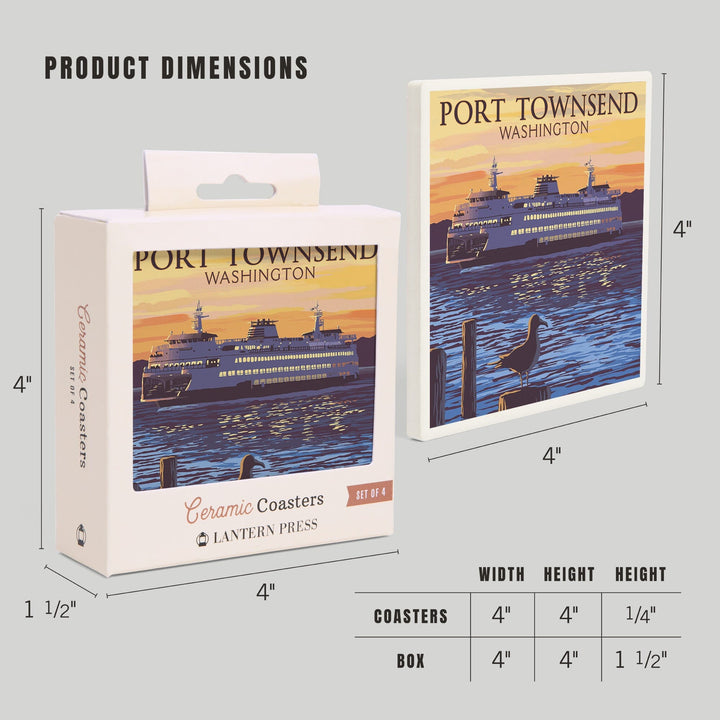 Port Townsend, Washington, Ferry Sunset & Gull, Lantern Press Artwork, Coaster Set Coasters Lantern Press 