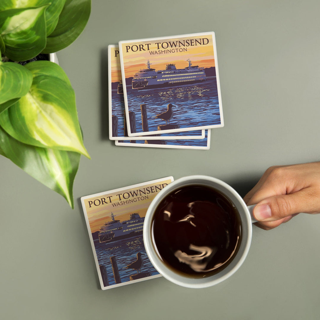 Port Townsend, Washington, Ferry Sunset & Gull, Lantern Press Artwork, Coaster Set Coasters Lantern Press 