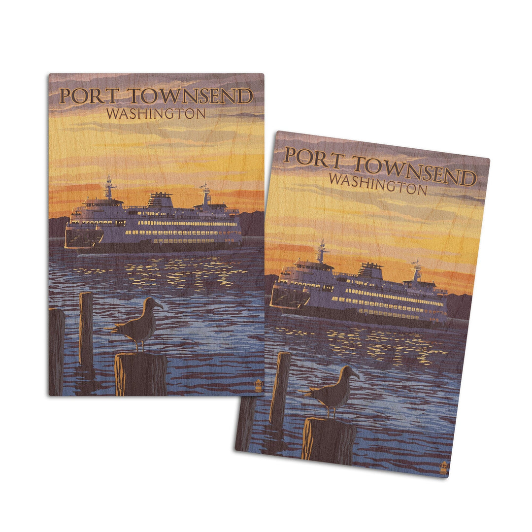 Port Townsend, Washington, Ferry Sunset & Gull, Lantern Press Artwork, Wood Signs and Postcards Wood Lantern Press 4x6 Wood Postcard Set 