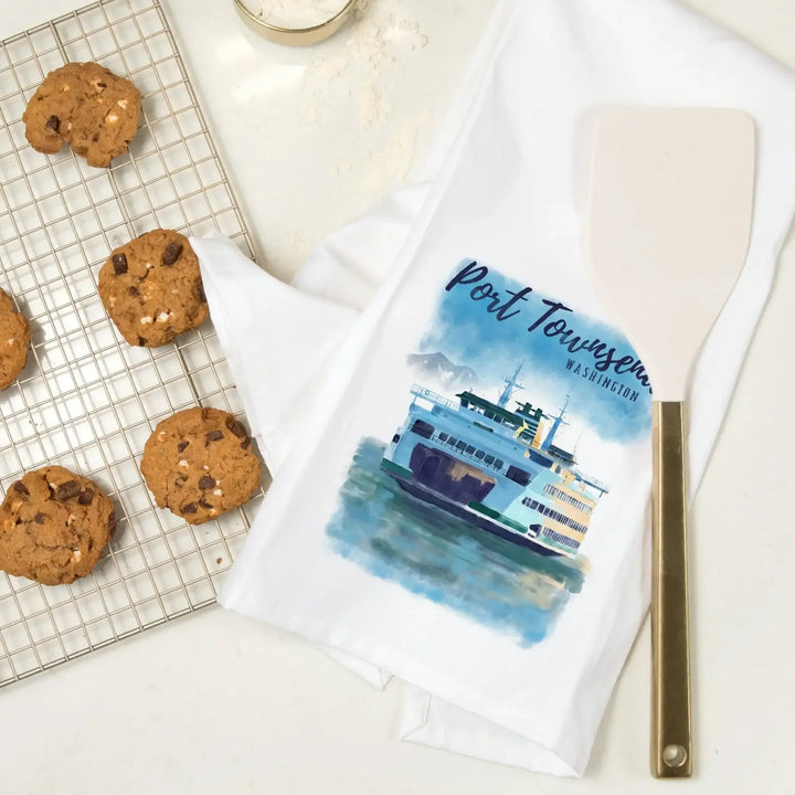 Port Townsend, Washington, Ferry, Watercolor, Organic Cotton Kitchen Tea Towels Kitchen Lantern Press 