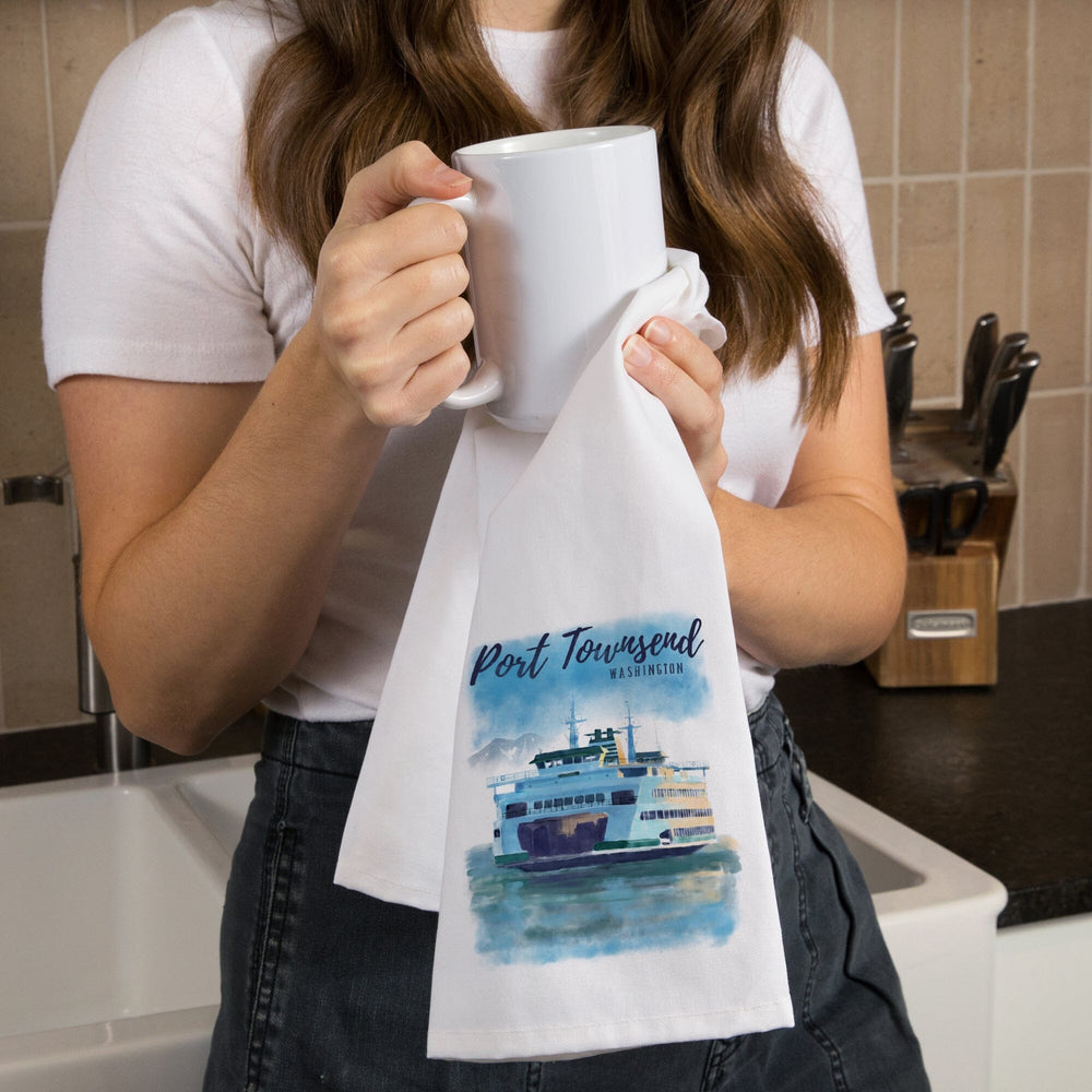 Port Townsend, Washington, Ferry, Watercolor, Organic Cotton Kitchen Tea Towels Kitchen Lantern Press 