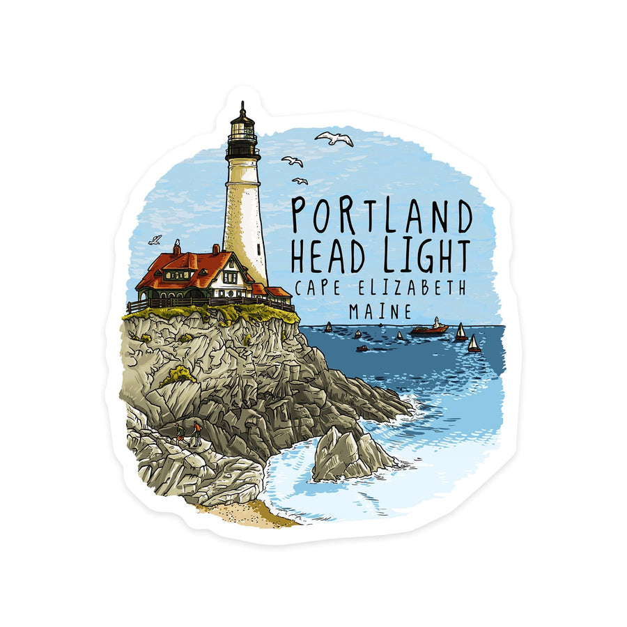 Portland Head Lighthouse, Maine, Line Drawing, Contour, Lantern Press Artwork, Vinyl Sticker Sticker Lantern Press 