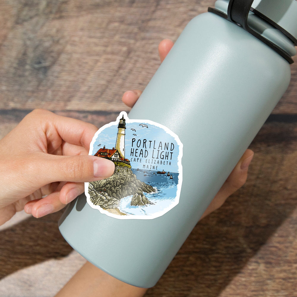 Portland Head Lighthouse, Maine, Line Drawing, Contour, Lantern Press Artwork, Vinyl Sticker Sticker Lantern Press 