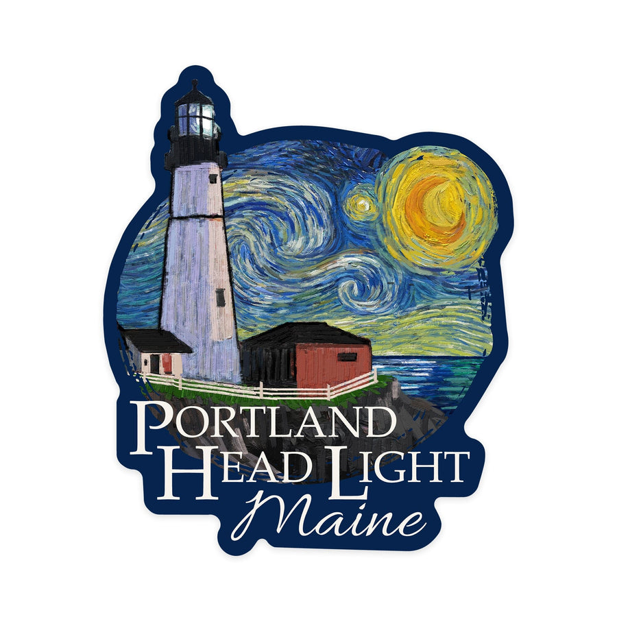 Portland Head Lighthouse, Maine, Starry Night, Contour, Lantern Press Artwork, Vinyl Sticker Sticker Lantern Press 