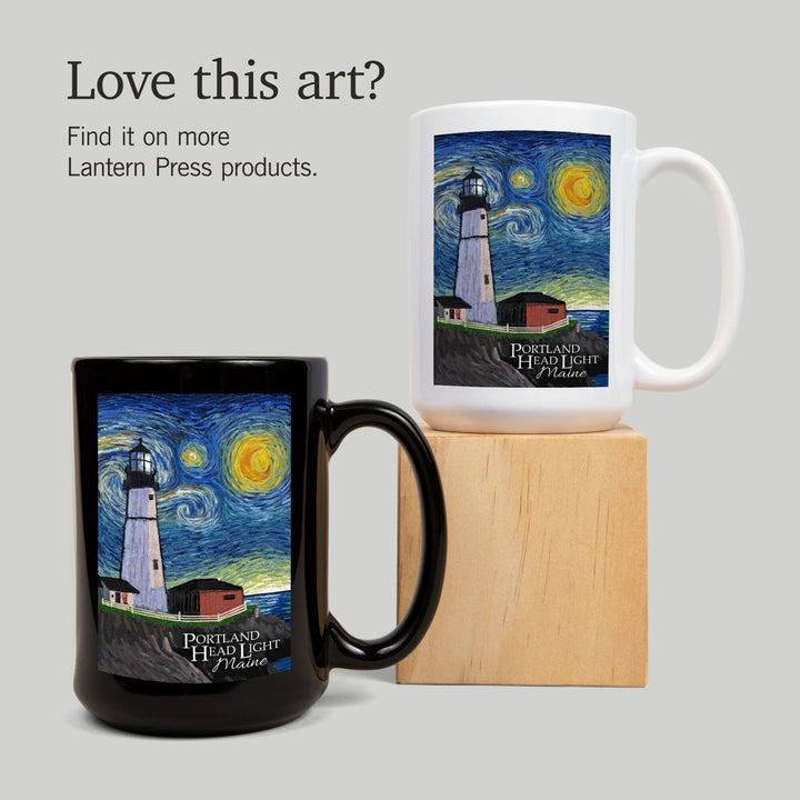 Portland Head Lighthouse, Maine, Starry Night, Lantern Press Artwork, Ceramic Mug Mugs Lantern Press 