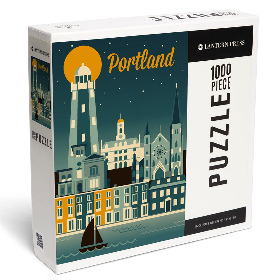 Portland, Maine, Retro Skyline, Jigsaw Puzzle Puzzle Lantern Press 