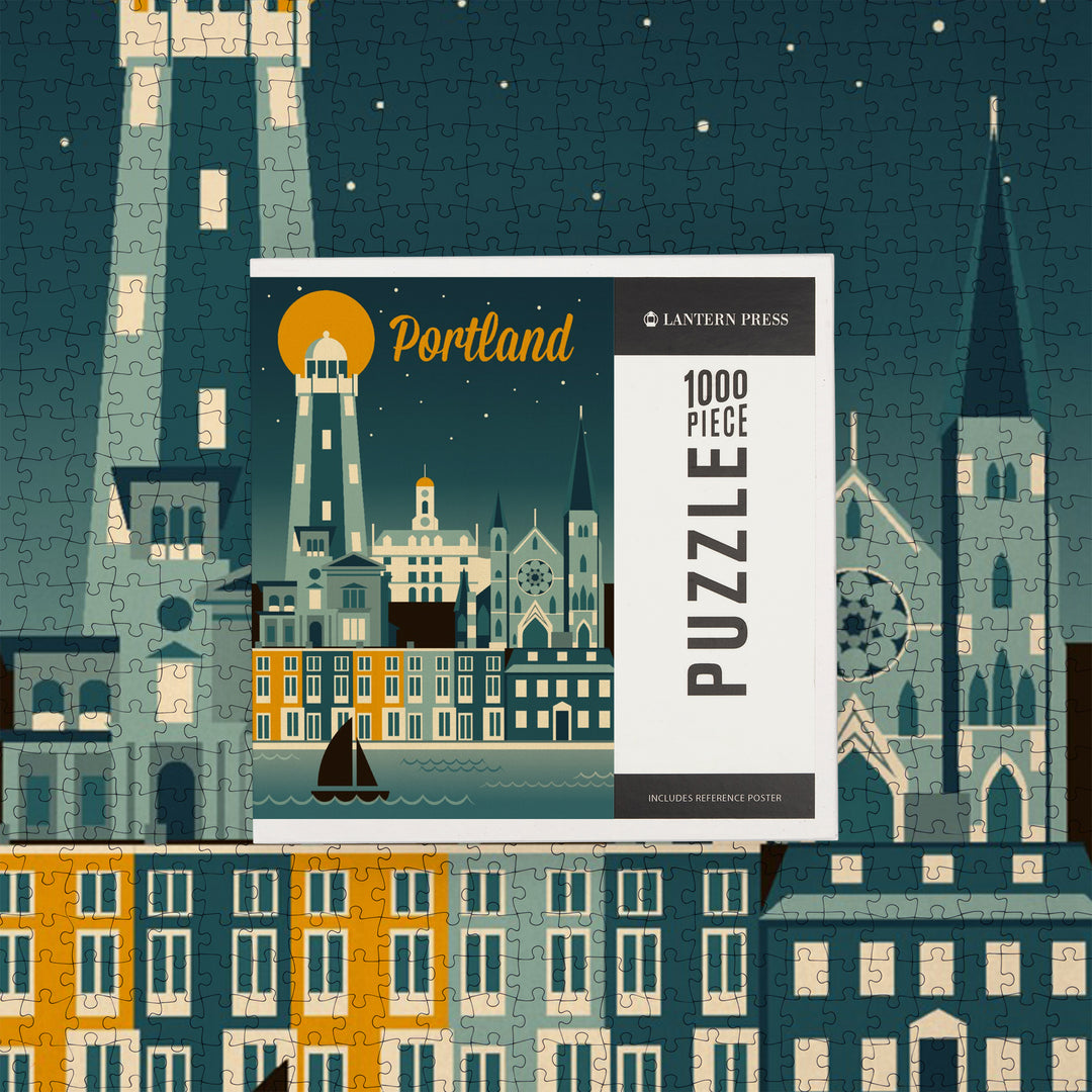 Portland, Maine, Retro Skyline, Jigsaw Puzzle Puzzle Lantern Press 