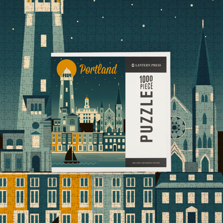 Portland, Maine, Retro Skyline, Jigsaw Puzzle Puzzle Lantern Press 