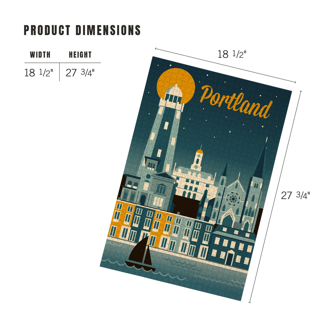Portland, Maine, Retro Skyline, Jigsaw Puzzle Puzzle Lantern Press 