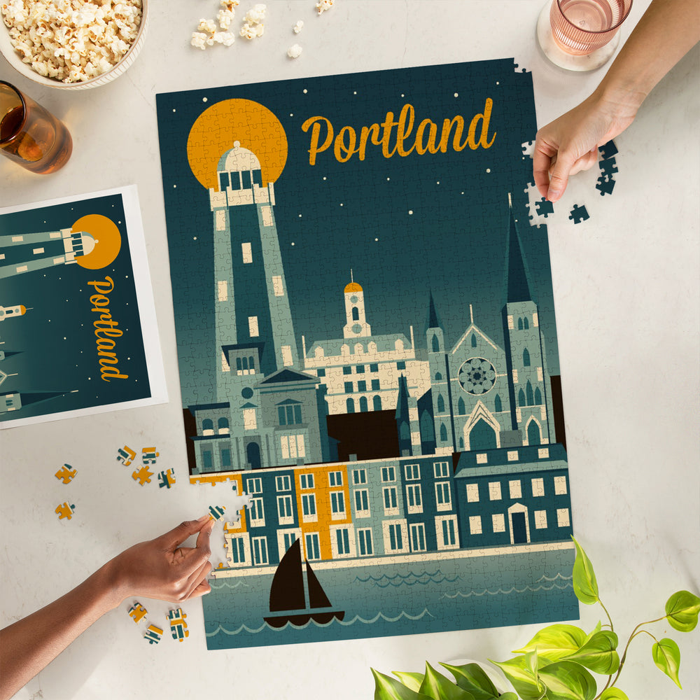 Portland, Maine, Retro Skyline, Jigsaw Puzzle Puzzle Lantern Press 