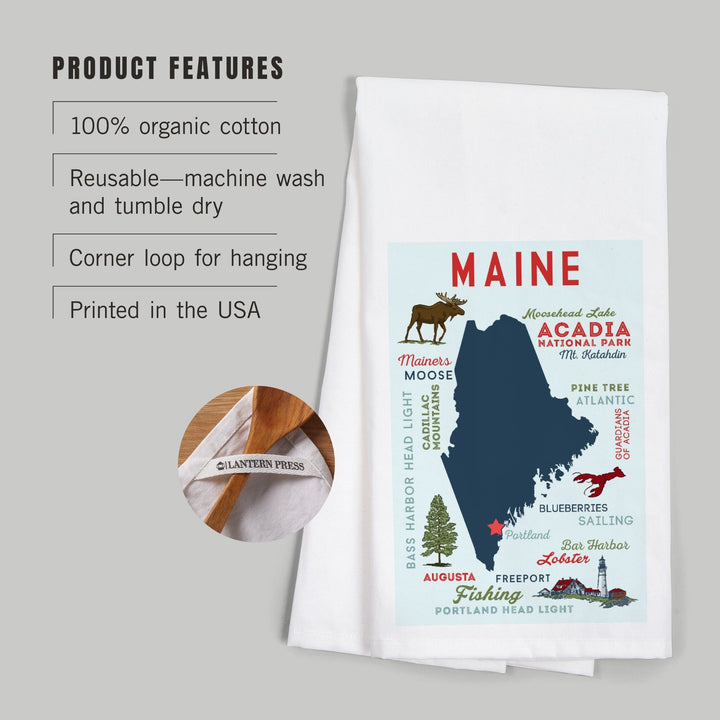 Portland, Maine, Typography and Icons, Organic Cotton Kitchen Tea Towels Kitchen Lantern Press 