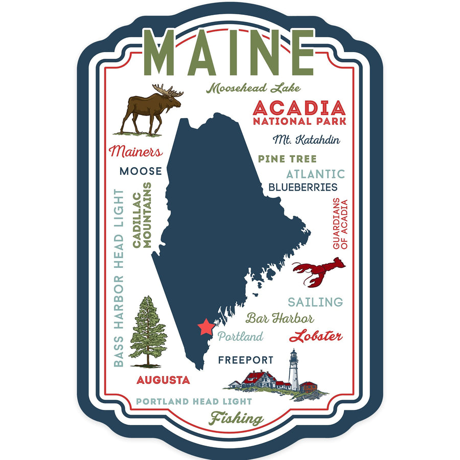 Portland, Maine, Typography & Icons, Contour, Lantern Press Artwork, Vinyl Sticker Sticker Lantern Press 
