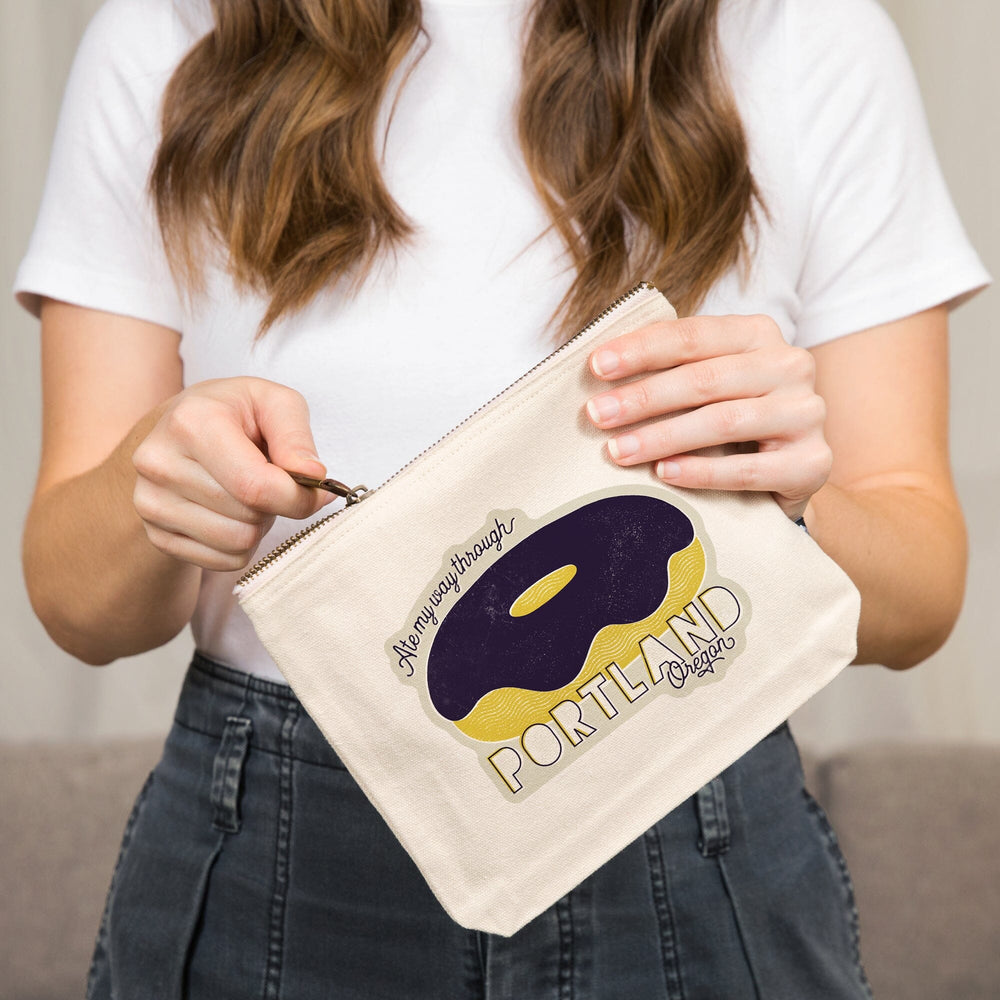 Portland, Oregon, Ate My Way Collection, Doughnut, Food Sentiment,, Organic Cotton Zipper Pouch, Go Bag Go Bag Lantern Press 