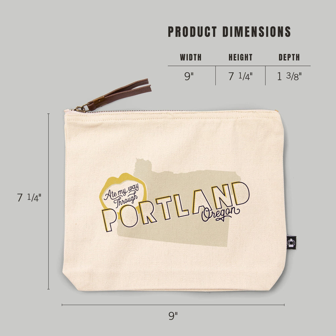 Portland, Oregon, Ate My Way Collection, State and Typography,, Organic Cotton Zipper Pouch, Go Bag Go Bag Lantern Press 