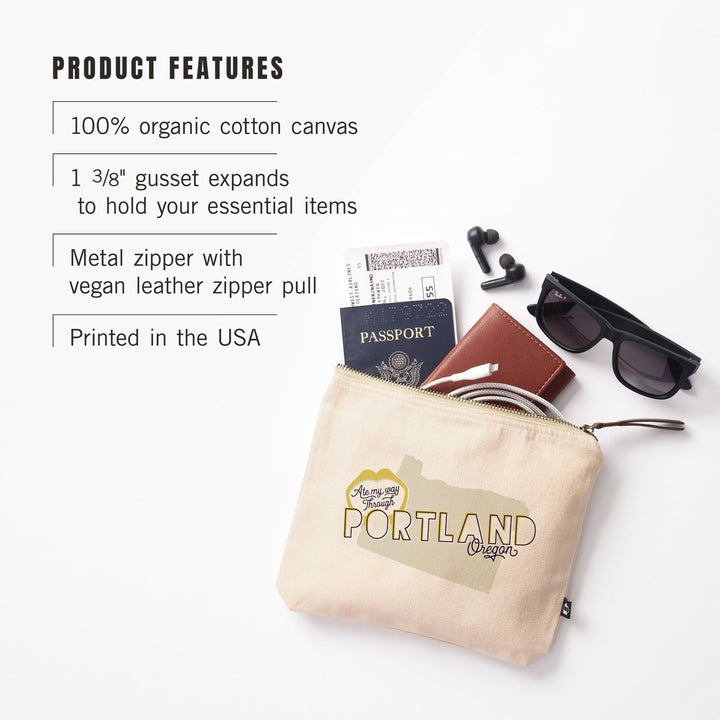Portland, Oregon, Ate My Way Collection, State and Typography,, Organic Cotton Zipper Pouch, Go Bag Go Bag Lantern Press 