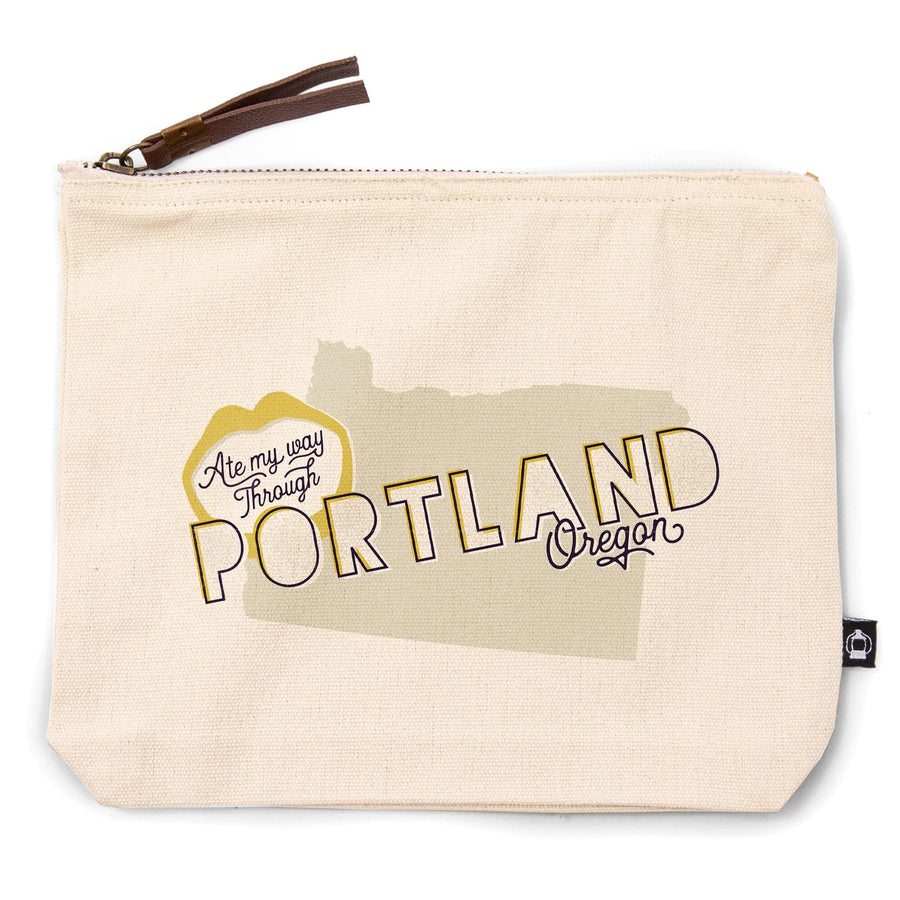 Portland, Oregon, Ate My Way Collection, State and Typography,, Organic Cotton Zipper Pouch, Go Bag Go Bag Lantern Press 