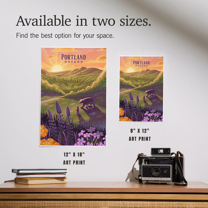 Portland, Oregon, Bear and Spring Flowers, Lithograph, Art & Giclee Prints Art Lantern Press 