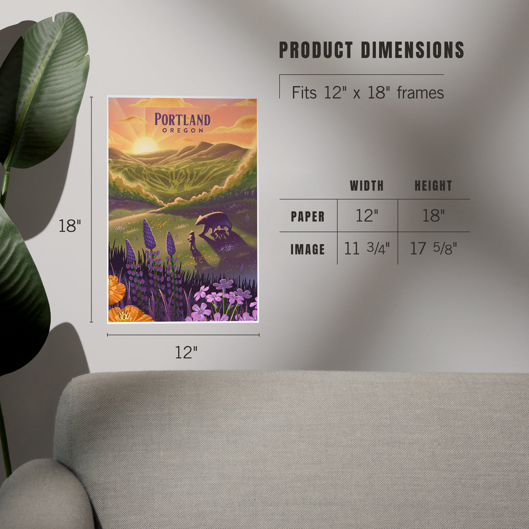 Portland, Oregon, Bear and Spring Flowers, Lithograph, Art & Giclee Prints Art Lantern Press 