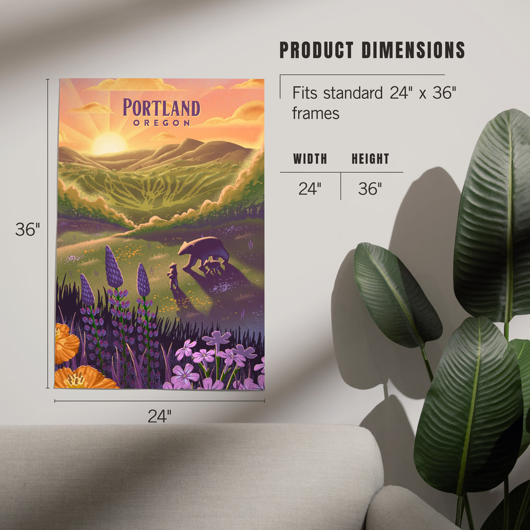 Portland, Oregon, Bear and Spring Flowers, Lithograph, Art & Giclee Prints Art Lantern Press 