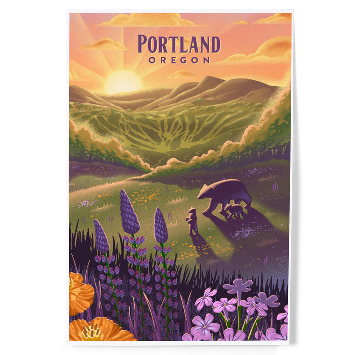 Portland, Oregon, Bear and Spring Flowers, Lithograph, Art & Giclee Prints Art Lantern Press 
