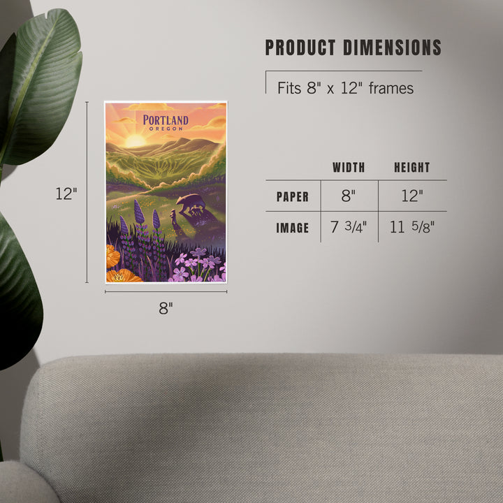 Portland, Oregon, Bear and Spring Flowers, Lithograph, Art & Giclee Prints Art Lantern Press 