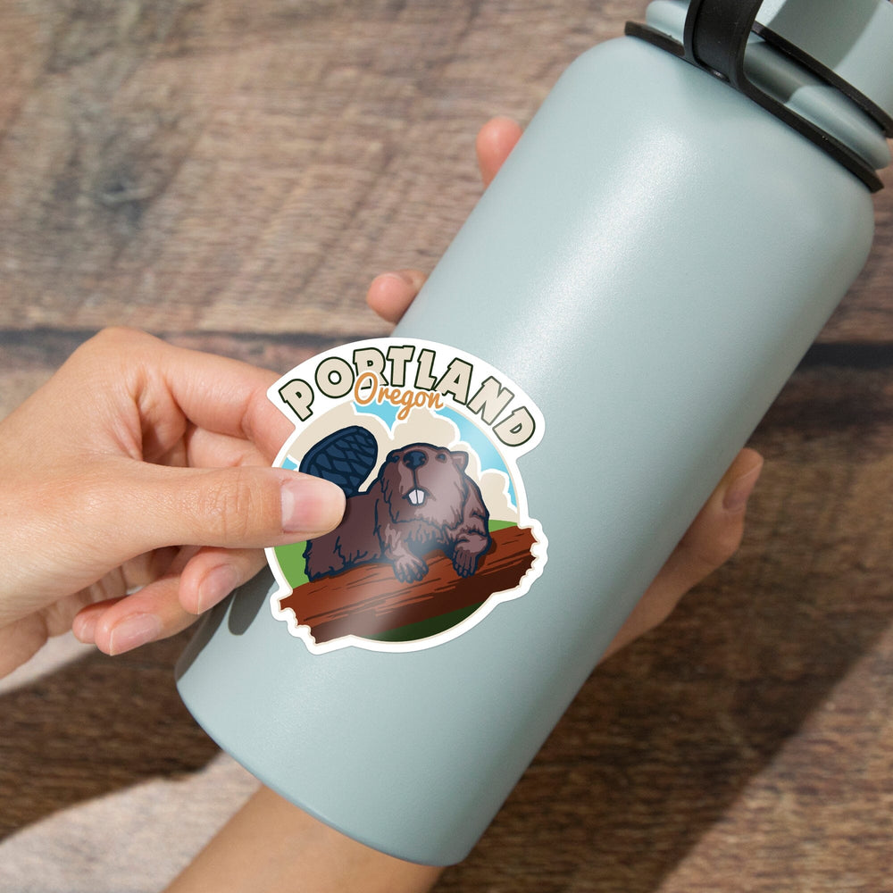 Portland, Oregon, Beaver, Contour, Lantern Press Artwork, Vinyl Sticker Sticker Lantern Press 