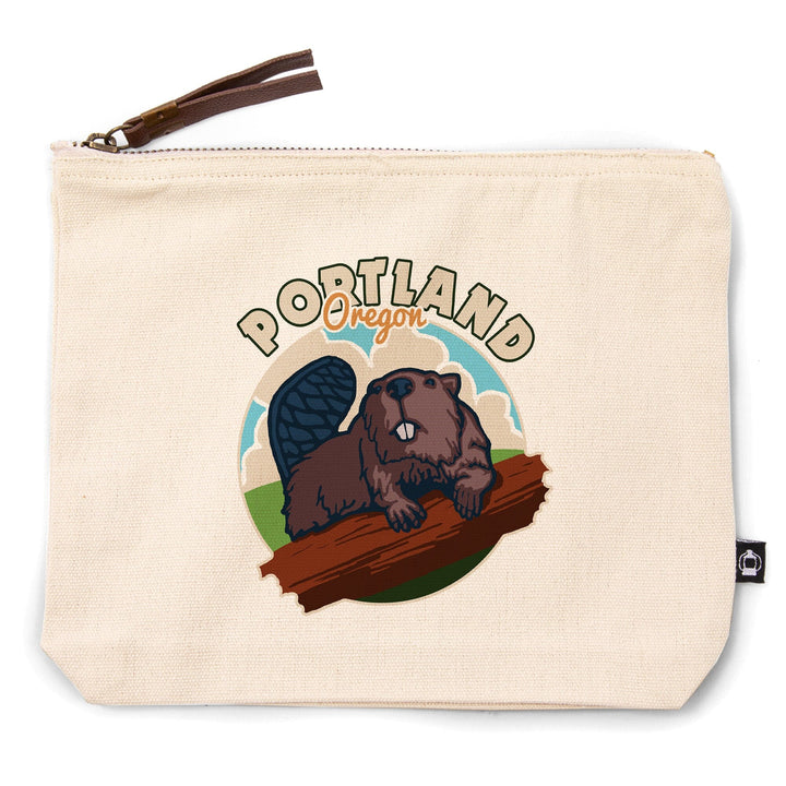 Portland, Oregon, Beaver,, Organic Cotton Zipper Pouch, Go Bag Go Bag Lantern Press 