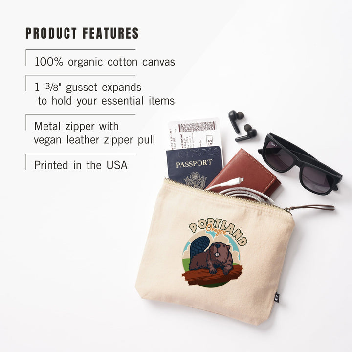 Portland, Oregon, Beaver,, Organic Cotton Zipper Pouch, Go Bag Go Bag Lantern Press 
