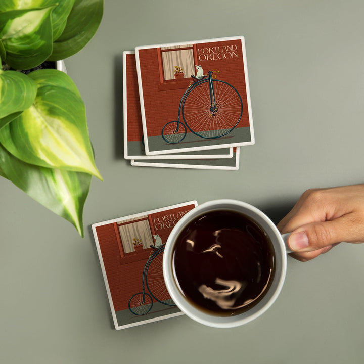 Portland, Oregon, Bicycle & Cat Letterpress, Lantern Press Artwork, Coaster Set Coasters Lantern Press 